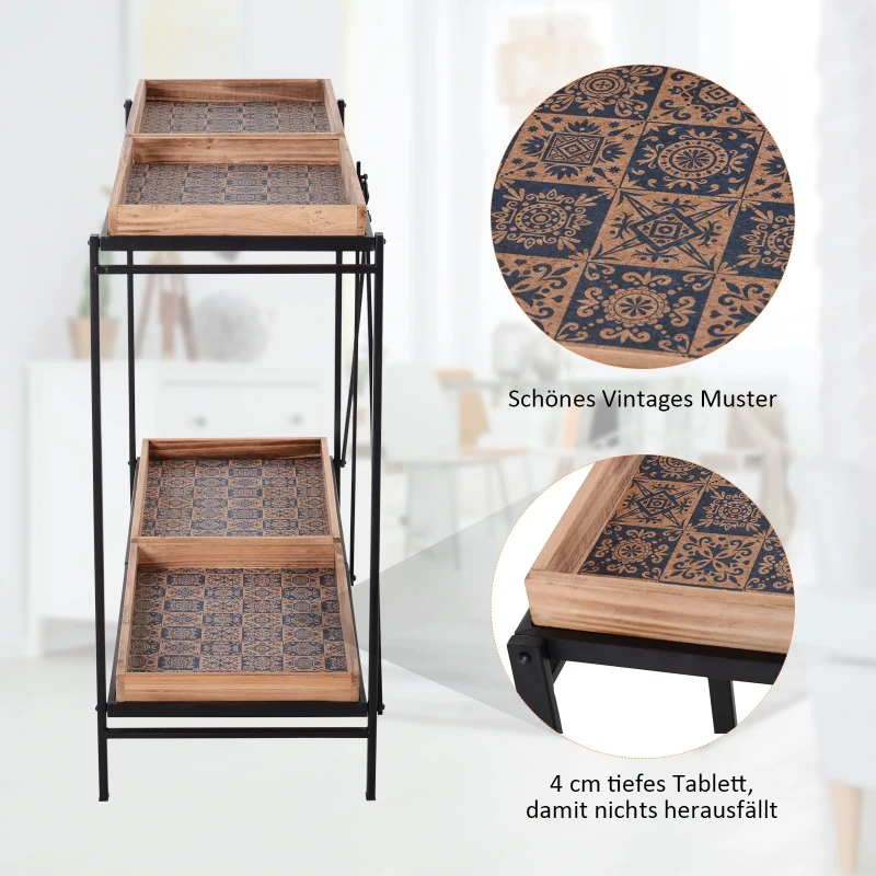 HOMCOM® Beistelltisch Couchtisch Konsolentisch Faltbar mit 4 Fächer Aufbewahrung Vintage-Muster MDF 120 x 40 x 84 cm