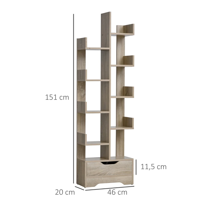 HOMCOM Bücherregal mit 10 Fächer und Schublade, Standregal, Eckbücherregal, E1 Spanplatte, 46 x 20 x 151 cm