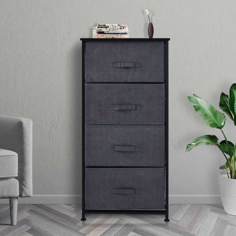 HOMCOM® Schubladenschrank Aufbewahrungsschrank mit 4 faltbaren Stoffschubladen Metallgestell + Holz + Leinen Grau 45 x 30 x 92 cm