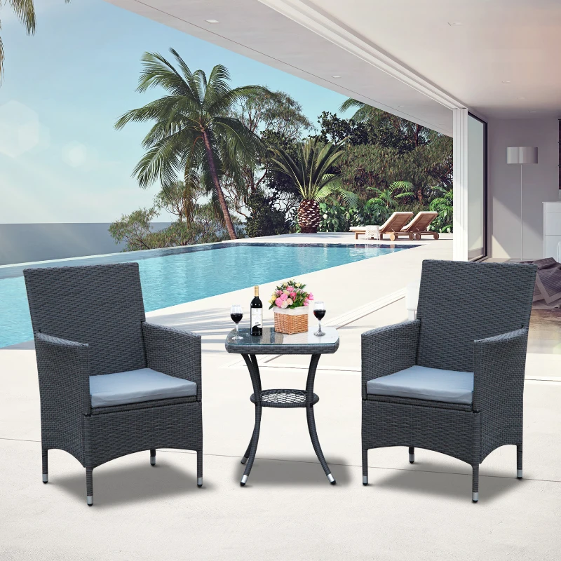 Outsunny® Gartensitzgruppe 3-tlg. Polyrattan Gartenset Rattanmöbel Grau mit Sitzkissen