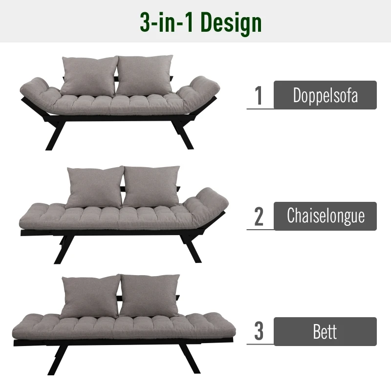 HOMCOM®  Zweisitzer Schlafsofa | Chaiselongue | Metall, Leinen | Hellgrau | 155 x 65 x 57 cm