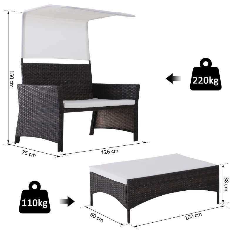 Outsunny® 2-tlg. Gartensofa Gartenmöbel Lounge Gartenset Rattanmöbel Braun Polyrattan 1 x Hocker mit Sonnendach