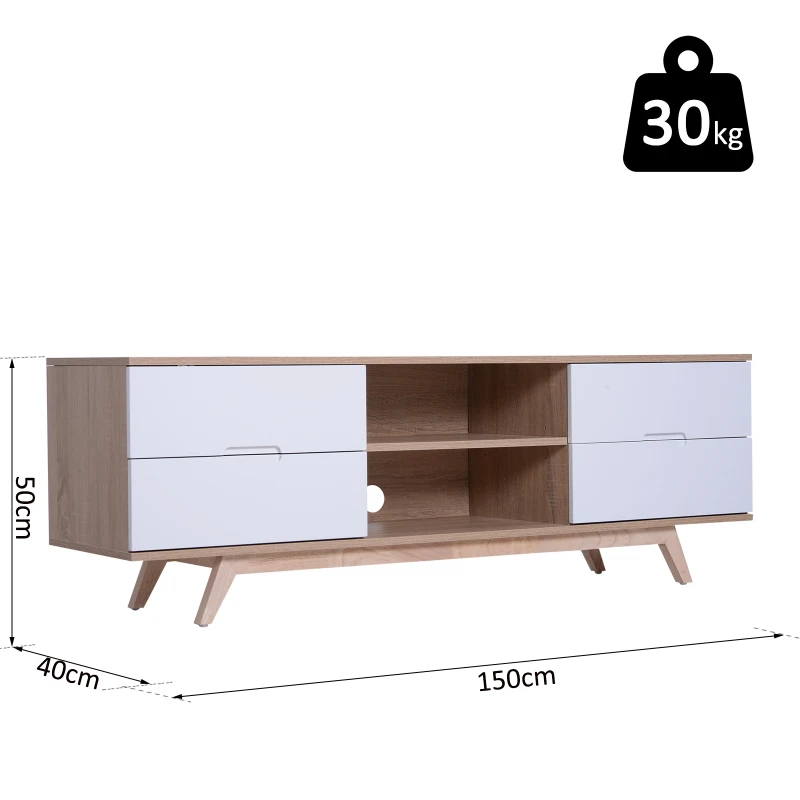 HOMCOM® Fernsehtisch mit 4 Schubladen und 2 Ablagen | TV-Board | 150 x 40 x 50 cm | Weiß, Eiche
