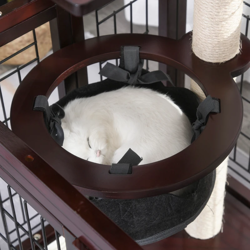 PawHut® Katzenhaus Katzen Käfig Hängematte Sisal-Säulen & Matte Massivholz Metalldraht