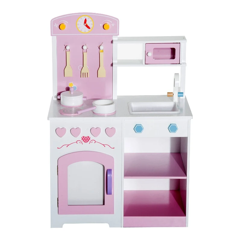 HOMCOM® Kinderküche Spielküche mit Zubehör Hocker Holz Rosa