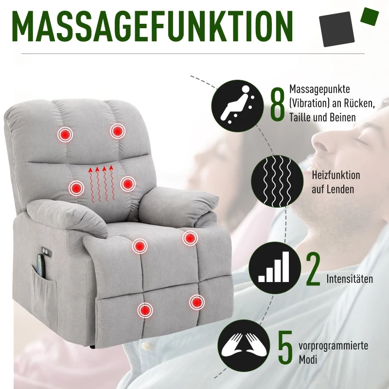 HOMCOM® Massagesessel mit Wärmefunktion Relaxsessel Fernbedienung USB Kurzplüsch Grau