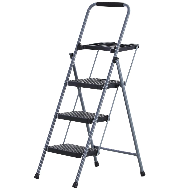 HOMCOM® Stufenleiter Trittleiter Klapptreppe mit Tablett Antirutsch Metall Grau 53 x 67 x 126 cm