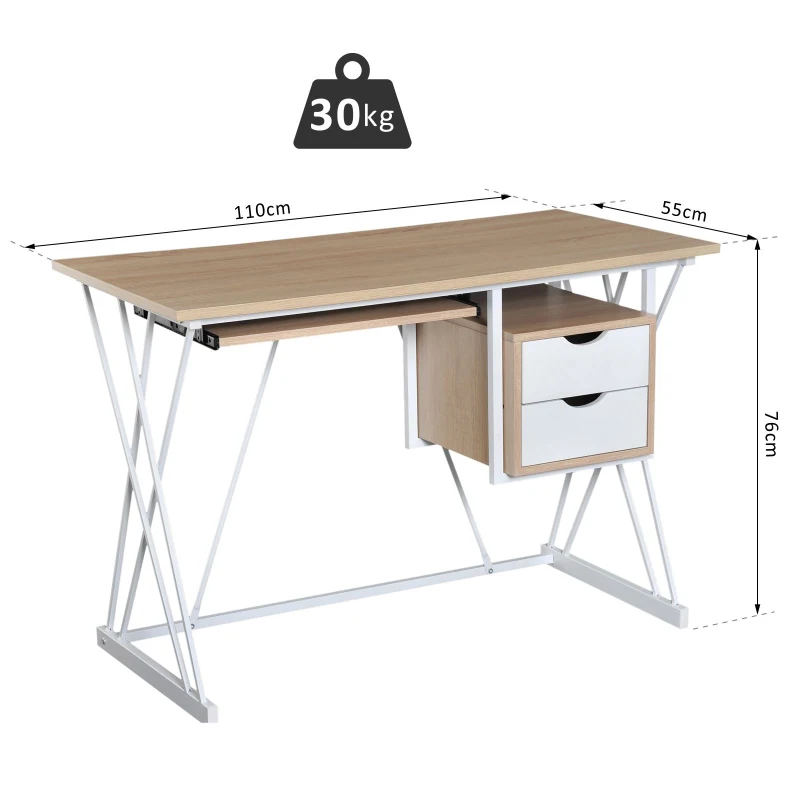 HOMCOM® Computertisch PC-Tisch Arbeitstisch mit Tastaturauszug Schublade Eiche+Weiß 110 x 55 x 76 cm