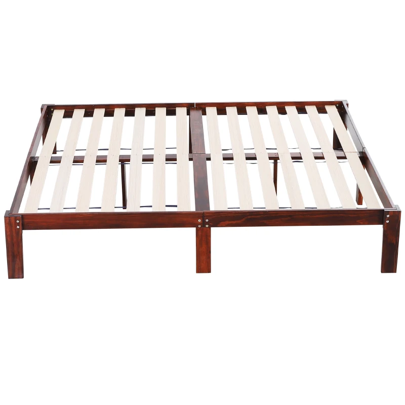 HOMCOM® Bettgestell Doppelbettrahmen Holzbett 15 Latten Erhöhte Beine Kiefernholz Braun 198 x 209 x 36 cm