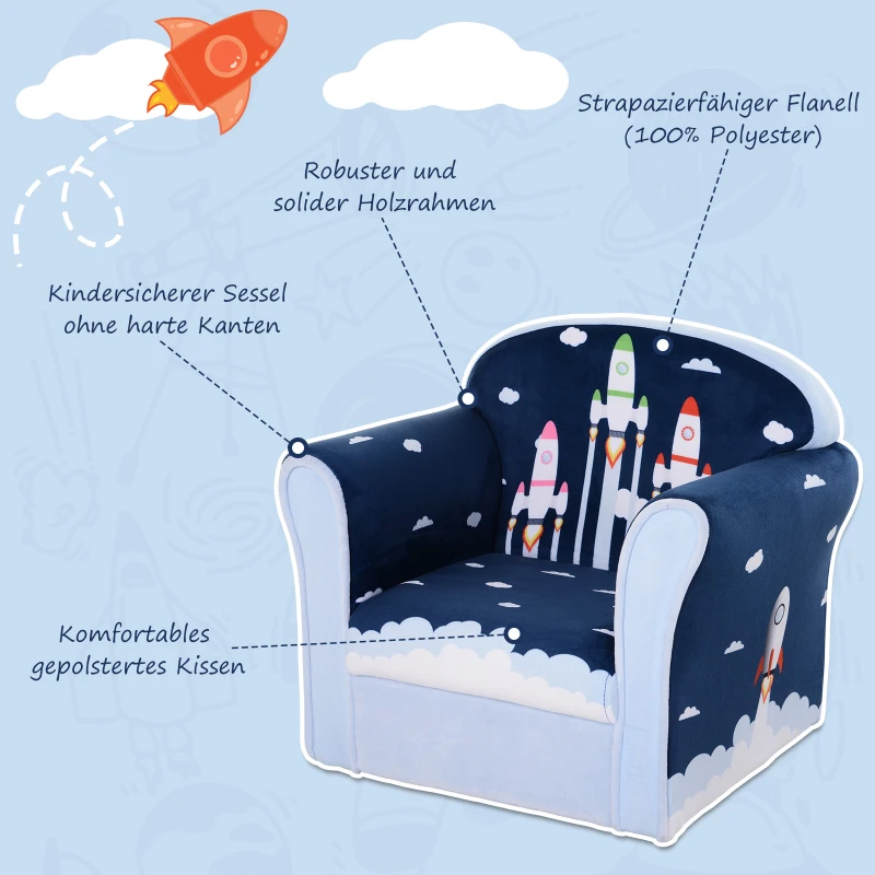HOMCOM® Kindersessel mit Raketen Minisessel Kindersofa Kindermöbel ab 3 Jahre Flanell