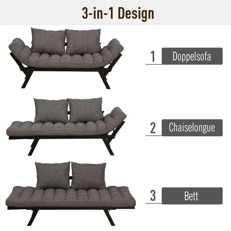 HOMCOM® Schlafsofa Klappsofa 2-Sitzer Stoffsofa Chaiselongue Metall Leinen Dunkelgrau 155 x 65 x 57 cm
