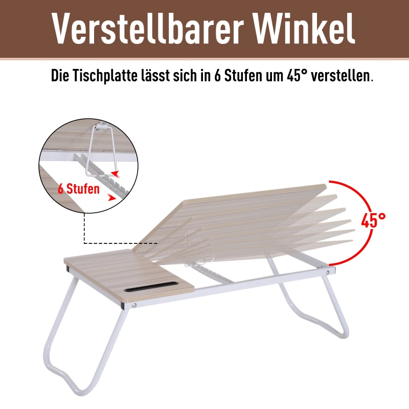 Vinsetto® Laptoptisch Betttisch Serviertablett Frühstückstisch verstellbar Spanplatte + Metall Natur + Weiß 64 x 36 x 27 cm