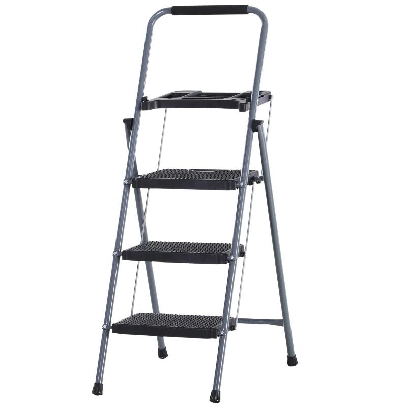 HOMCOM® Stufenleiter Trittleiter Klapptreppe mit Tablett Antirutsch Metall Grau 53 x 67 x 126 cm