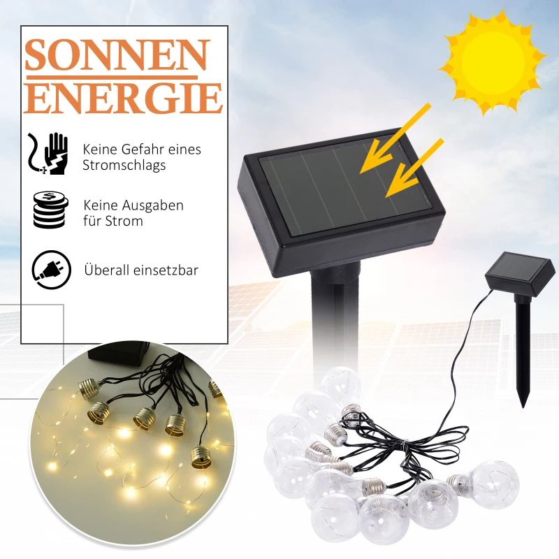 Outsunny® LED Lichterkette, Warm Leuchtung, 2er Set, 20 Birne, Wasserfest, 3,8 m pro Kette