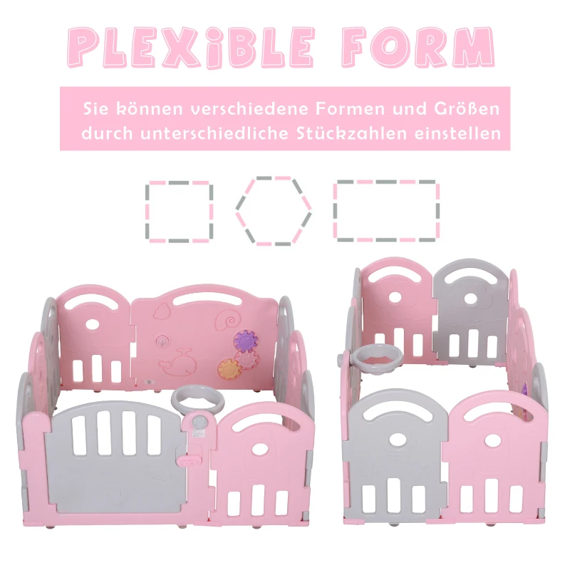 HOMCOM® Schutzgitter Laufgitter Absperrgitter 12 Elemente Korb 3 Zahnräder HDPE Rosa 162 x 122 x 63 cm