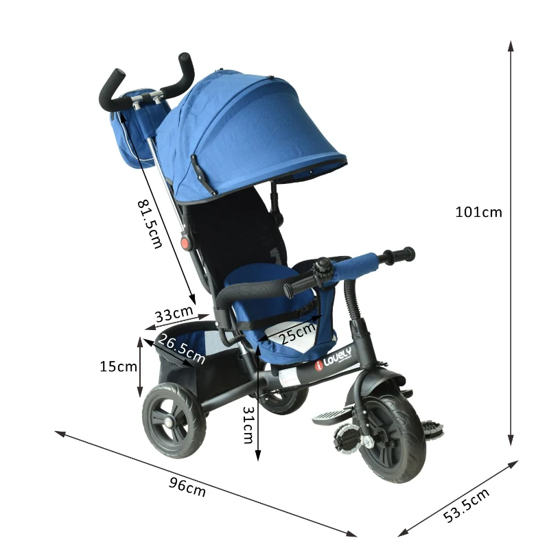 HOMCOM® Kinderdreirad mit Dach Lenkstange Kinderwagen Schieber Blau