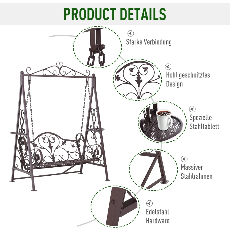 Outsunny® Hollywoodschaukel für 2 Personen Gartenschaukel mit Ablagen Stahl Braun