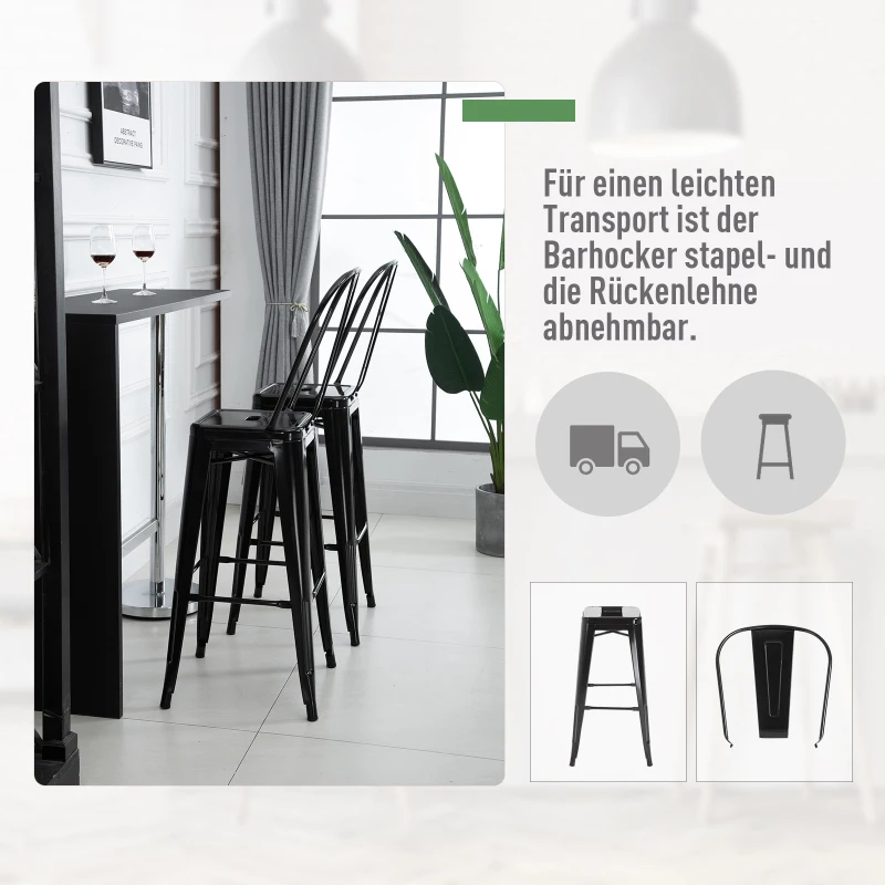 HOMCOM Barhocker mit Fußstütze | Stapelbar | Metall | 44 x 53 x 116 cm | Schwarz