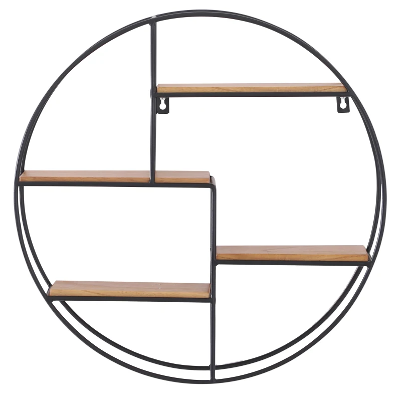 HOMCOM® Wandregal Bücherregal Metallregal Hängeregal Dekoregal rund 4 Etage Metall + Holz Schwarz + Natur ∅45 x 11cm