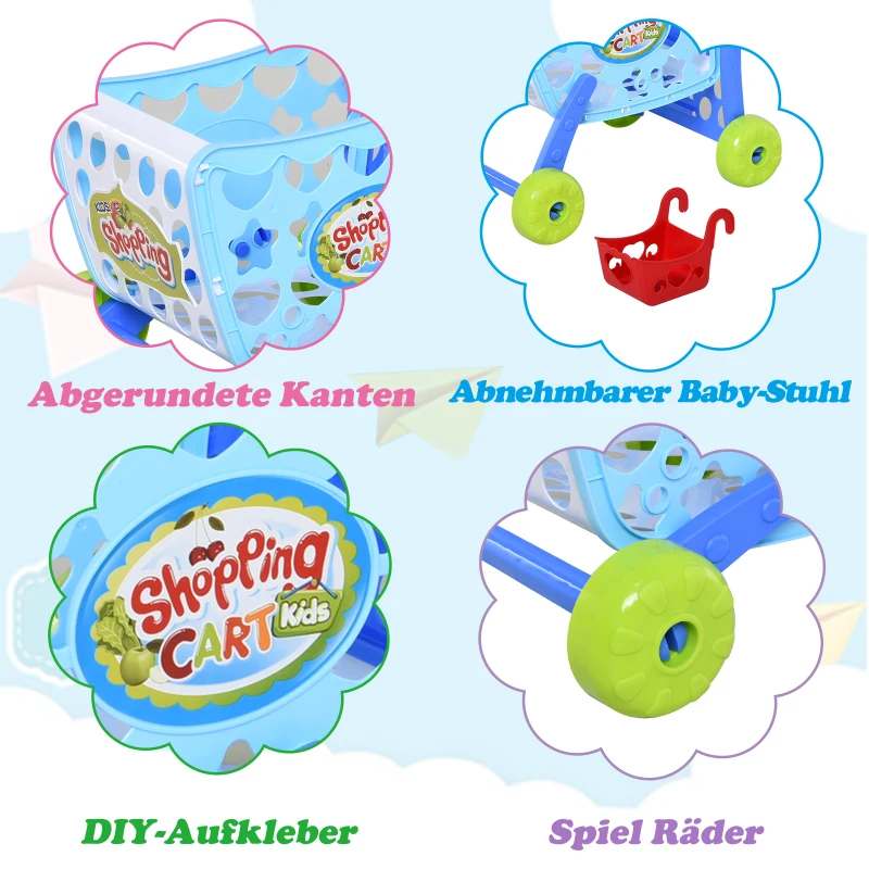 HOMCOM® Einkaufswagen für Kinder Kinderspielzeug Kaufladen Spielzeug Kunststoff Blau
