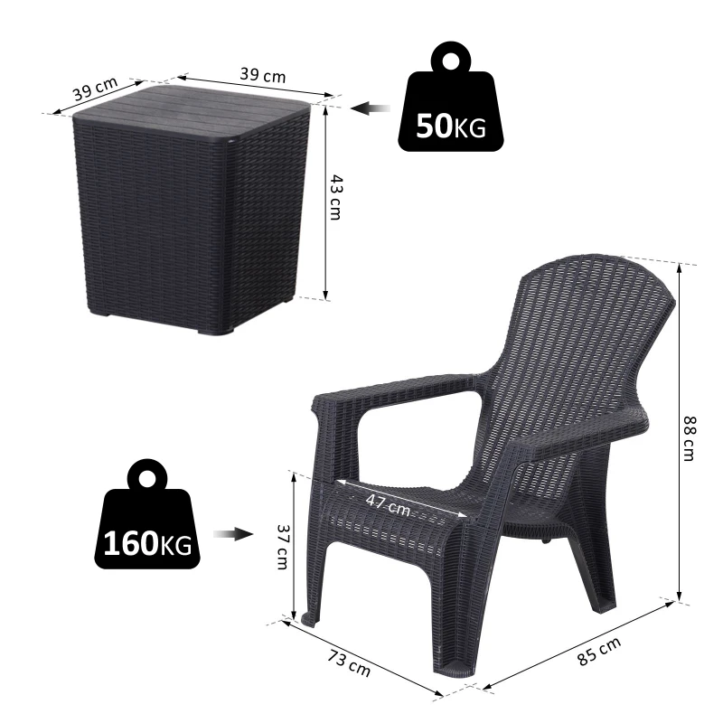 Outsunny® Dreiteiliges Gartenmöbel Set Sitzgruppe Stuhl Kaffeetisch Stauraum PP Schwarz