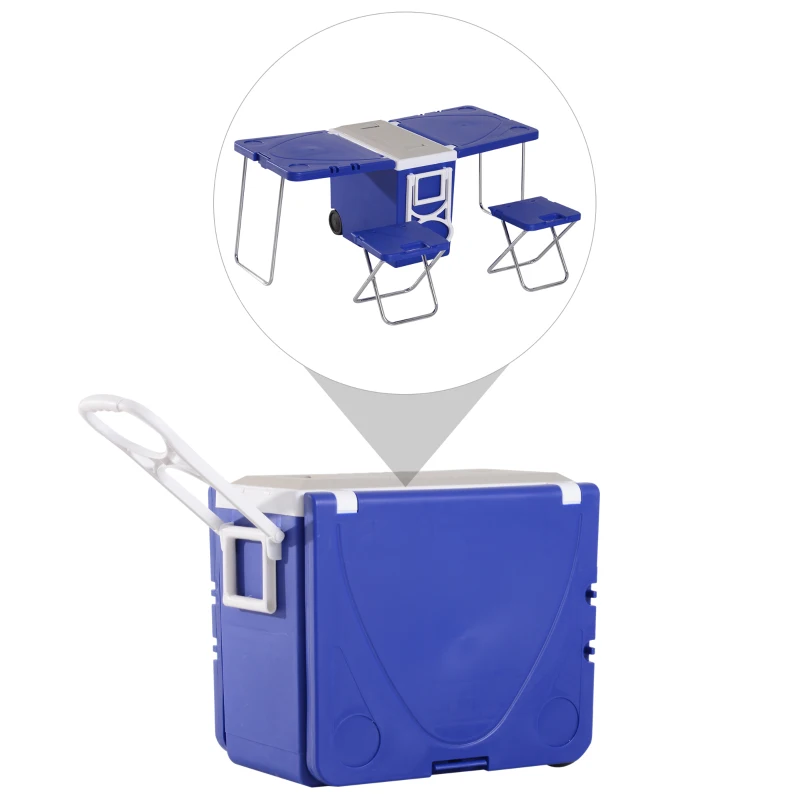 Outsunny® Kühlbox mit Rollen 28L tragbar Camping 3-in-1-Set mit 1 Seitentisch + 2 Hocker klappbar