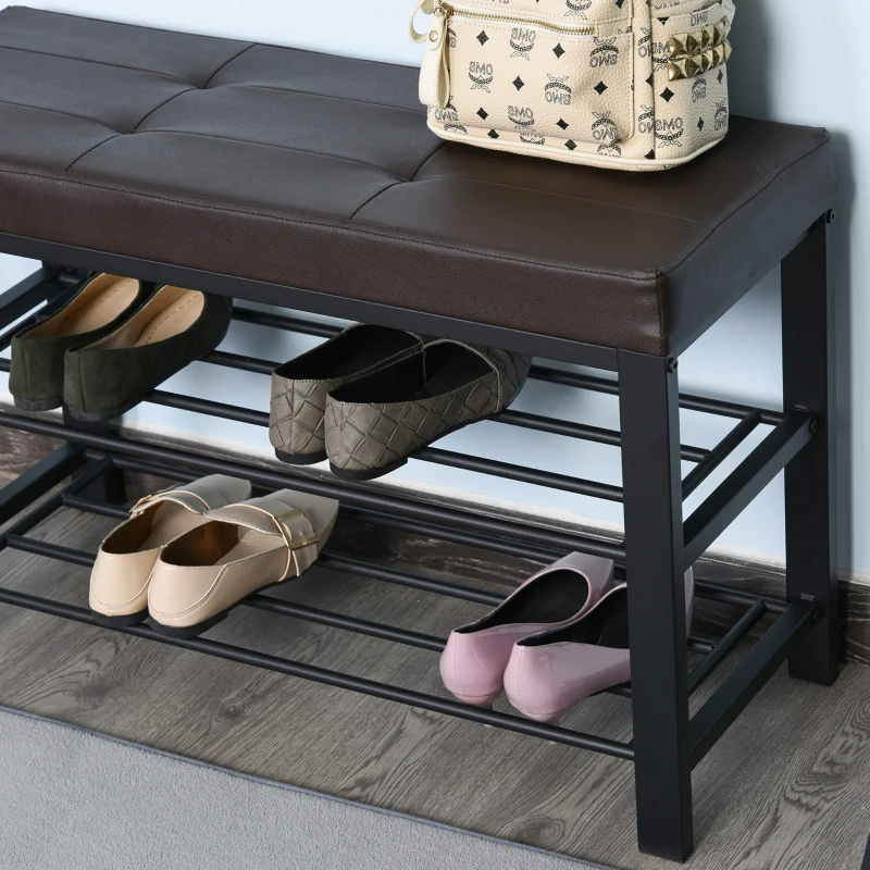 HOMCOM® Schuhbank Schuhregal 2 Schuhablagen Sitzbank Metall Braun 6–8 Paar Schuhe