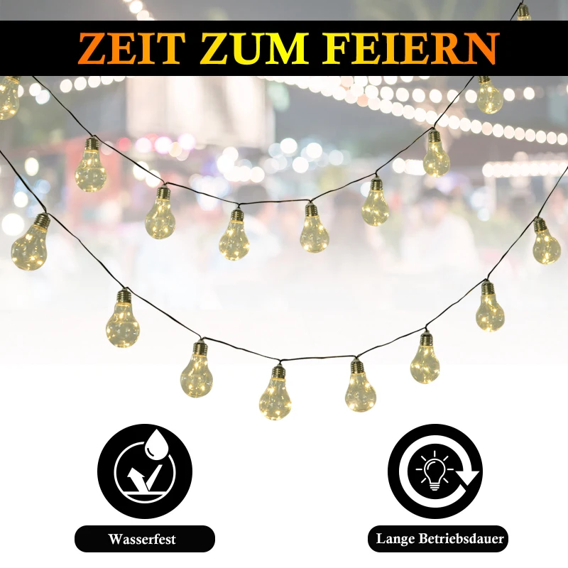 Outsunny® LED Lichterkette, Warm Leuchtung, 2er Set, 20 Birne, Wasserfest, 3,8 m pro Kette