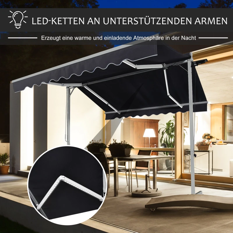 Outsunny® Standmarkise Standmarkise LED Solarlichter Faltarm Kurbel Polyester Schwarz