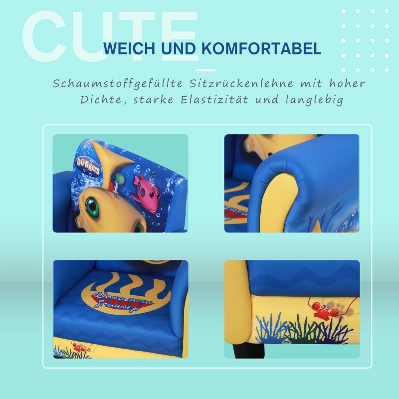 HOMCOM® Kindersofa Mini-Sofa-Sessel mit Massivholzstruktur und Kissenträger Blau
