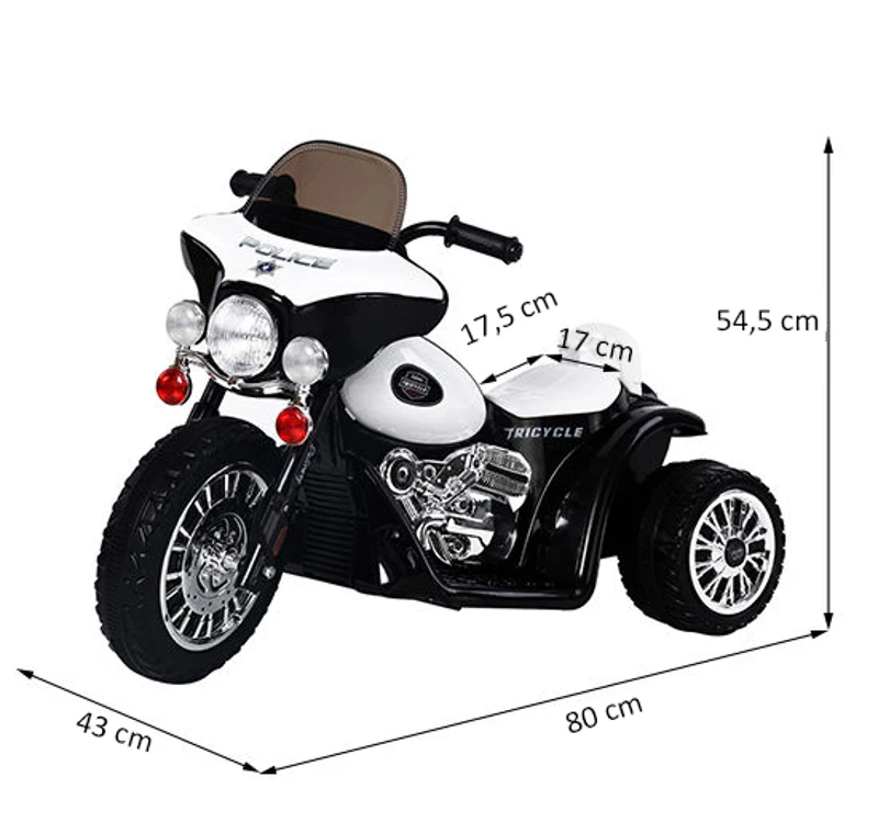 HOMCOM® Elektro Kindermotorrad | Kunststoff, Metall | 80 x 43 x 54,5 cm | Schwarz, Weiß