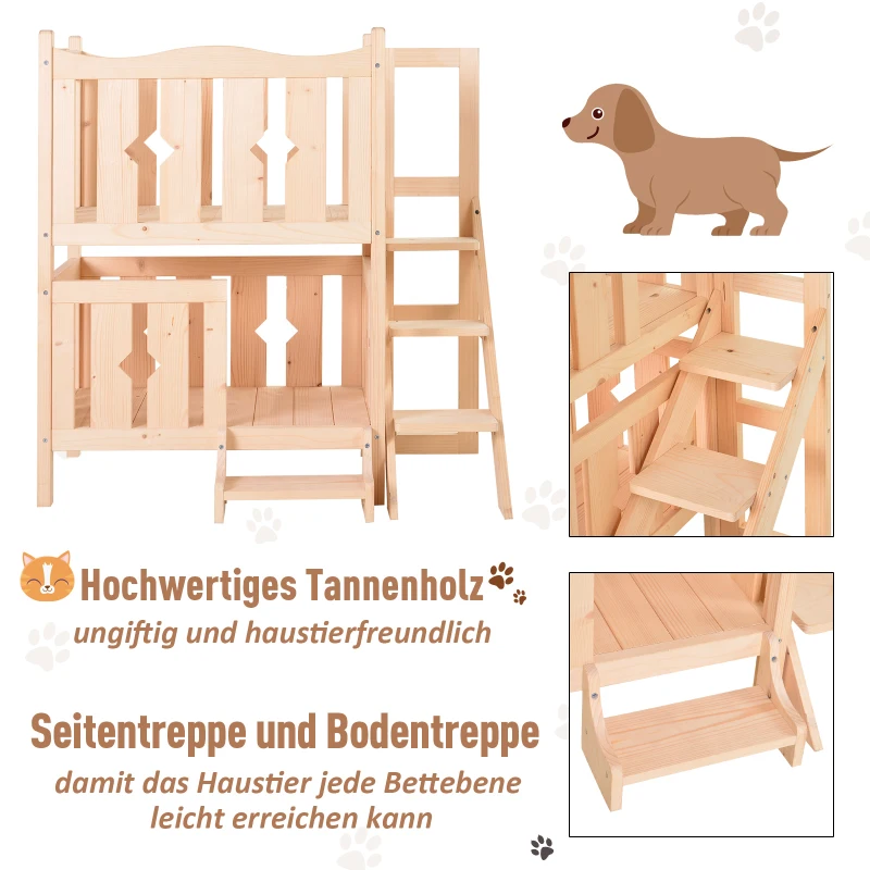 PawHut® Katzenbett 2 Ebenen Haustierbett Welpenbett Katzenhaus mit Treppe Tannenholz