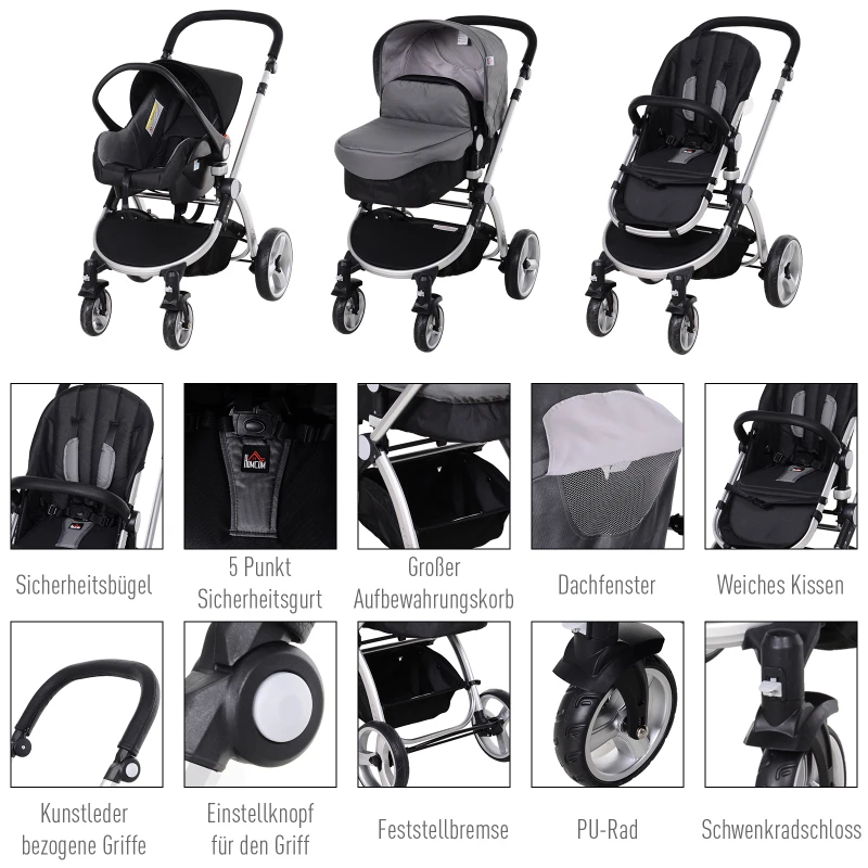 HOMCOM® Kinderwagen 3-in-1 Buggy Babyschale Babywanne Auto-Kindersitz 0-36 Monate Grau