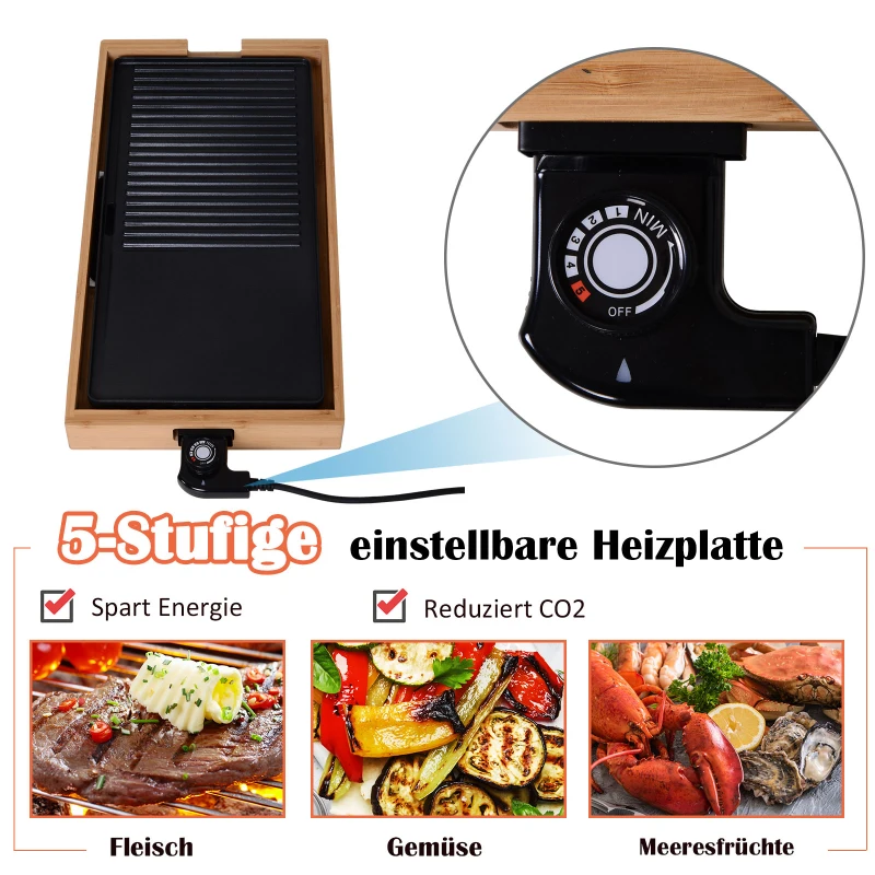 HOMCOM® Elektrogrill 2200W BBQ Tischgrill Partygrill 5 Temperaturen Metall Bambus