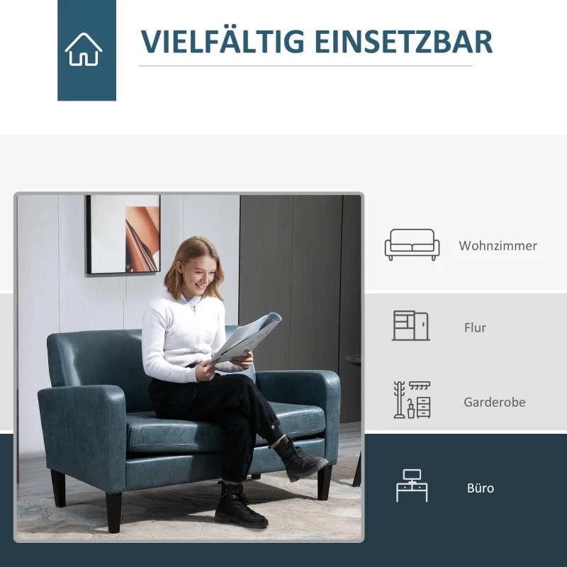 HOMCOM 2-Sitzer Sofa im Retro-Design 122 cm x 72 cm x 74 cm, Kunstleder, Blau
