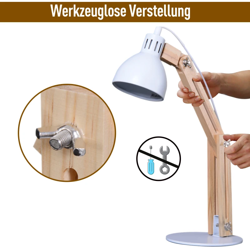 HOMCOM® Tischleuchte Schreibtischlampe verstellbar Leselampe Büro Metall + Holz weiß 26 x 15 x 41 cm