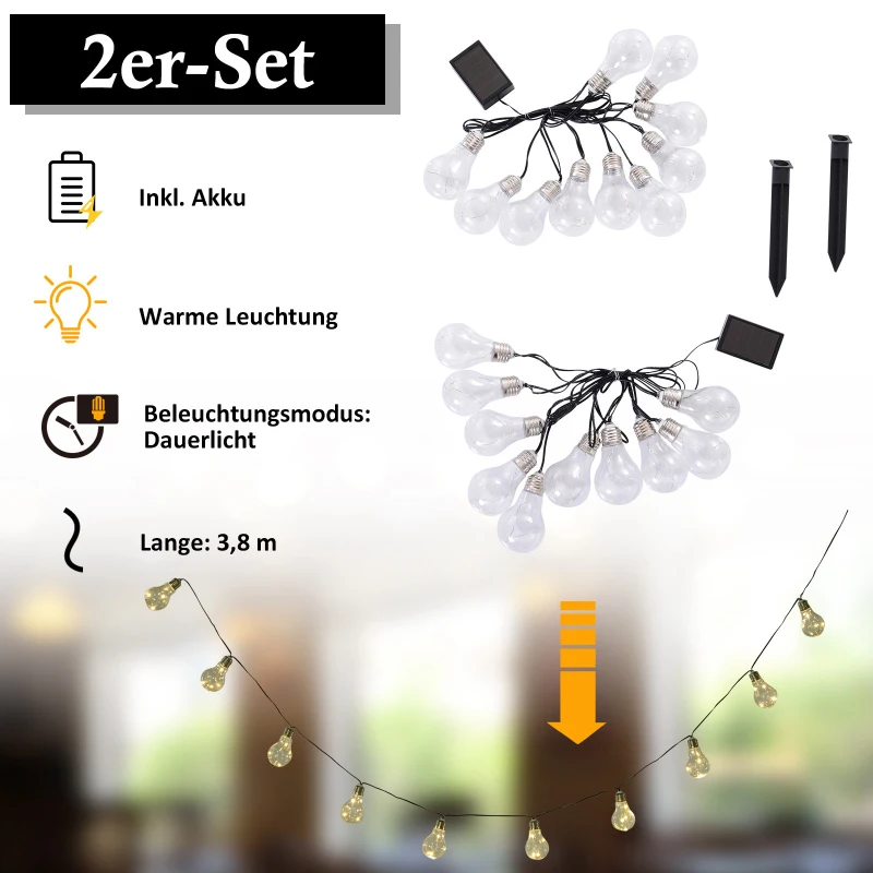 Outsunny® LED Lichterkette, Warm Leuchtung, 2er Set, 20 Birne, Wasserfest, 3,8 m pro Kette