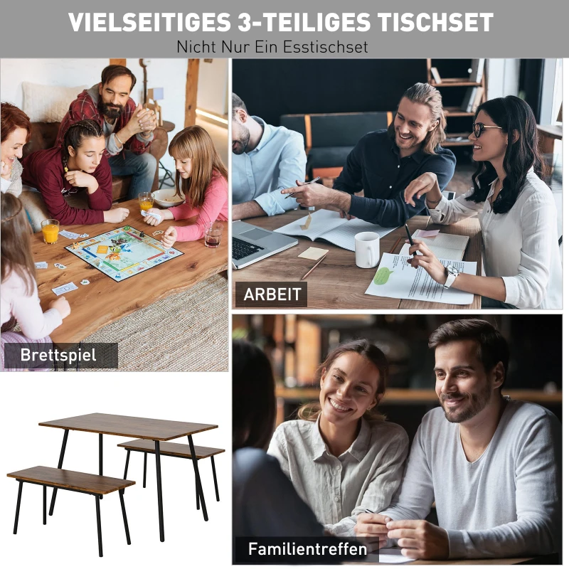 HOMCOM® Essgruppe mit 2 Stühlen Esszimmergarnitur Sitzgruppe Tischgruppe Braun+Schwarz