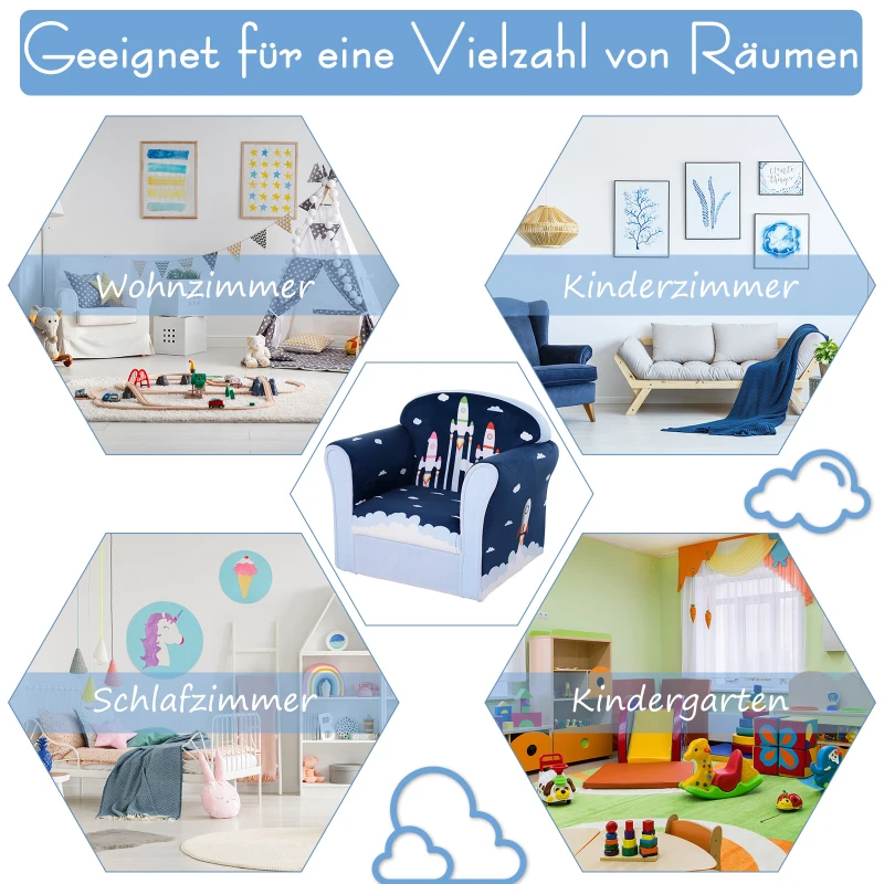 HOMCOM® Kindersessel mit Raketen Minisessel Kindersofa Kindermöbel ab 3 Jahre Flanell