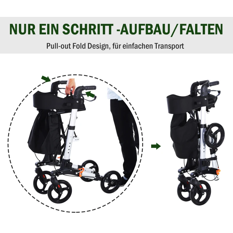 HOMCOM® Rollator mit Stuhl Faltbarer Gehwagen Tasche Verstellbare Griffe Alulegierung