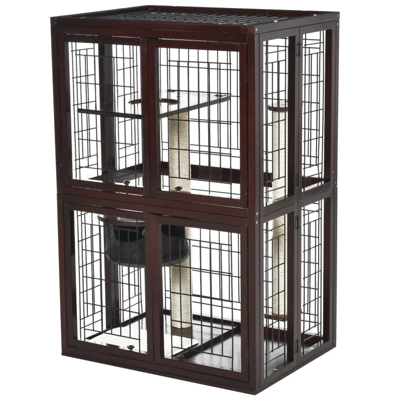 PawHut® Katzenhaus Katzen Käfig Hängematte Sisal-Säulen & Matte Massivholz Metalldraht
