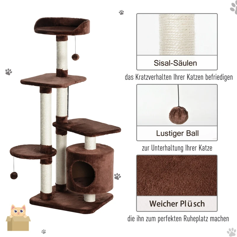 PawHut drzewo dla kotów z sizalowymi słupkami, 5-kondygnacyjne, z piłkami do zabawy, jaskinia, plusz, ciemnozielony 45 x 40 x 118 cm