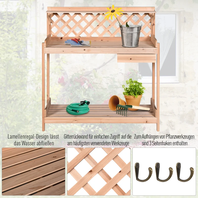 Outsunny® Pflanztisch Gärtnertisch für Garten Terrasse Balkon Blumentisch 2 Stufen mit Schublade Garten Massivholz
