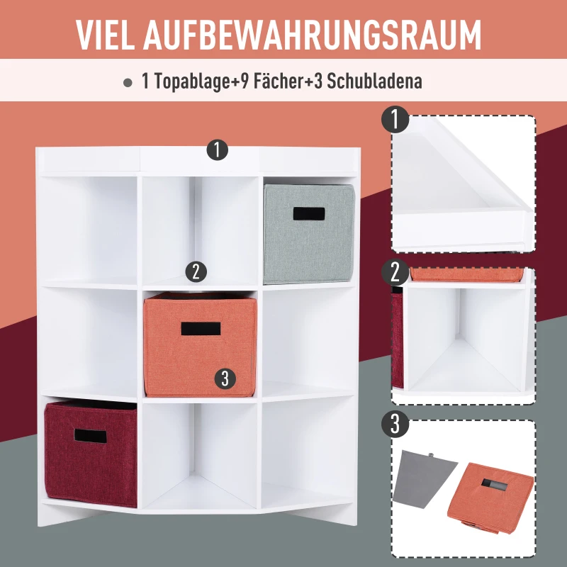 HOMCOM® Eckregal Aufbewahrungsregal Standregal 3 Schubladen Platzsparend MDF Weiß