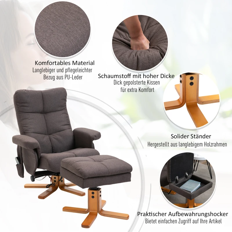 HOMCOM Massagesessel mit Fußhocker Relaxsessel Heizfunktion TV-Sessel Polyester Braun 145°-Neigung 80 x 86 x 99 cm