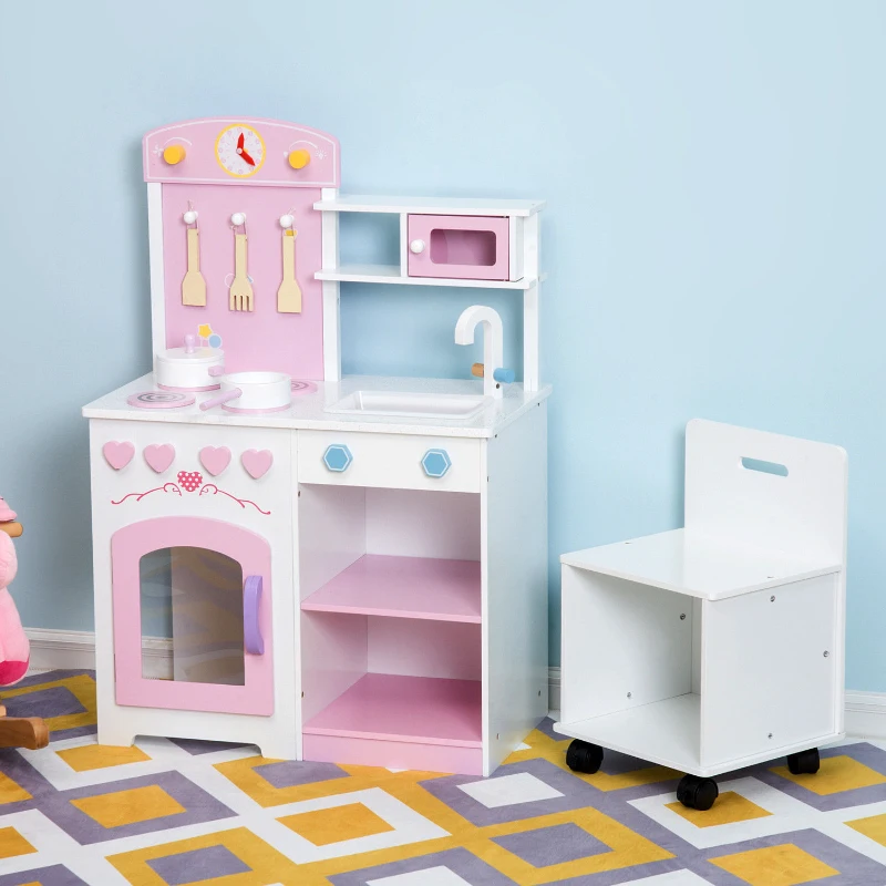 HOMCOM® Kinderküche Spielküche mit Zubehör Hocker Holz Rosa
