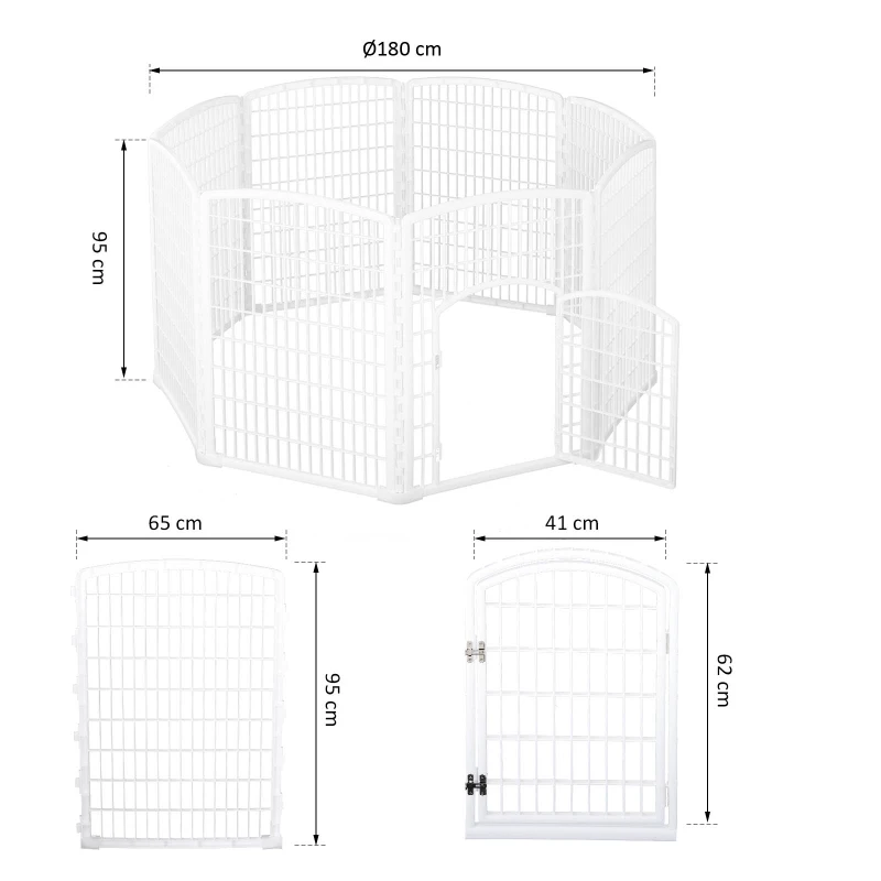 PawHut® Welpengitter Freilaufgehege Laufstall für Haustiere mit Tür 6 Teile sechseckig PP-Kunststoff rostfrei Weiß Ø180 x H95 cm