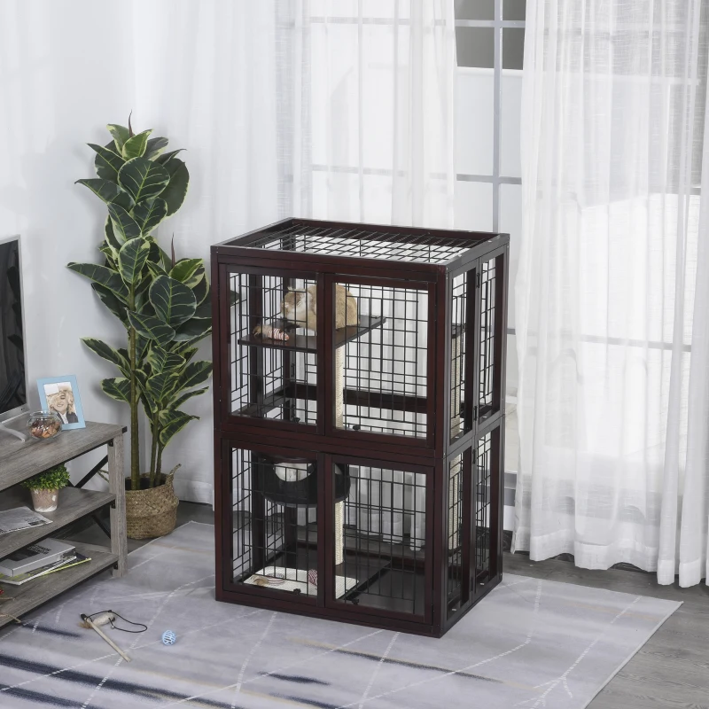 PawHut® Katzenhaus Katzen Käfig Hängematte Sisal-Säulen & Matte Massivholz Metalldraht