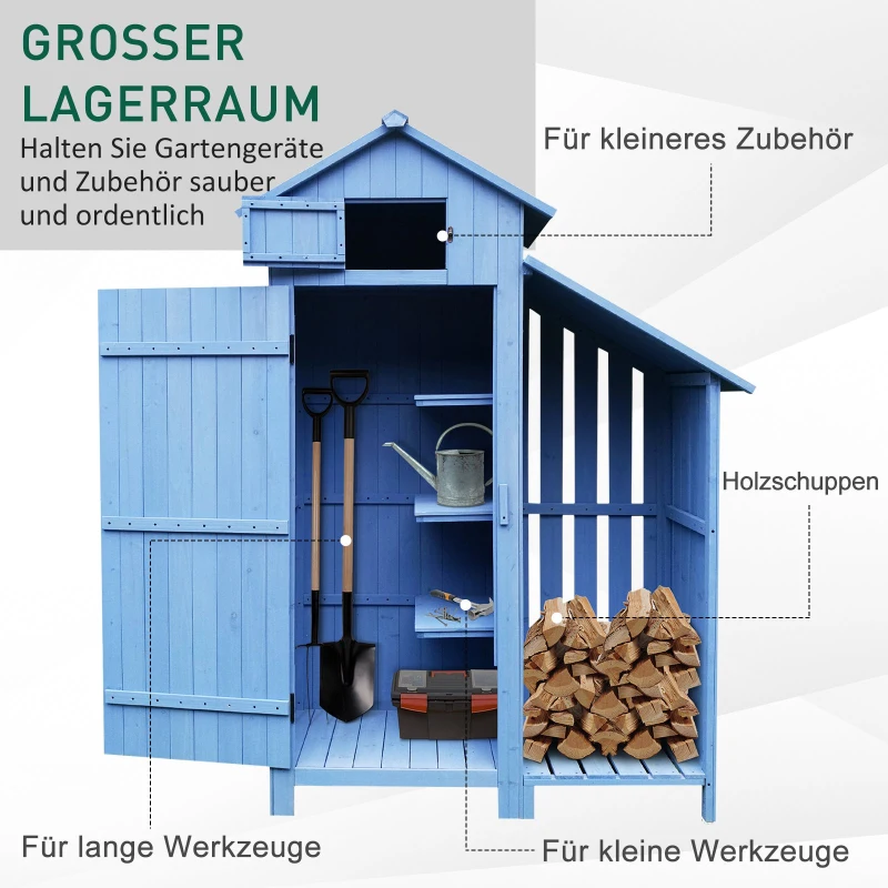 Outsunny® Gartenhaus 2-in-1 Gerätehaus mit Brennholzlagerraum Geräteschuppen Holz Blau