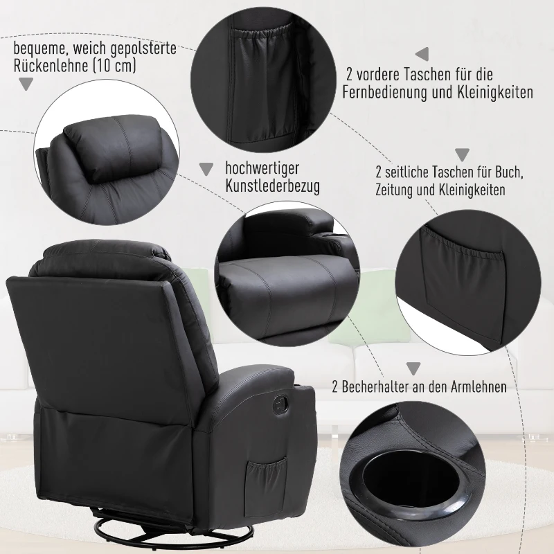 HOMCOM Elektrisch Relaxsessel, Massagesessel, Fernsehsessel, Massagefunktion, Heizfunktion, Liegefunktion, PU-Leder+Holz+Metall+Schaumstoff, Schwarz, 82 x 97 x 110 cm